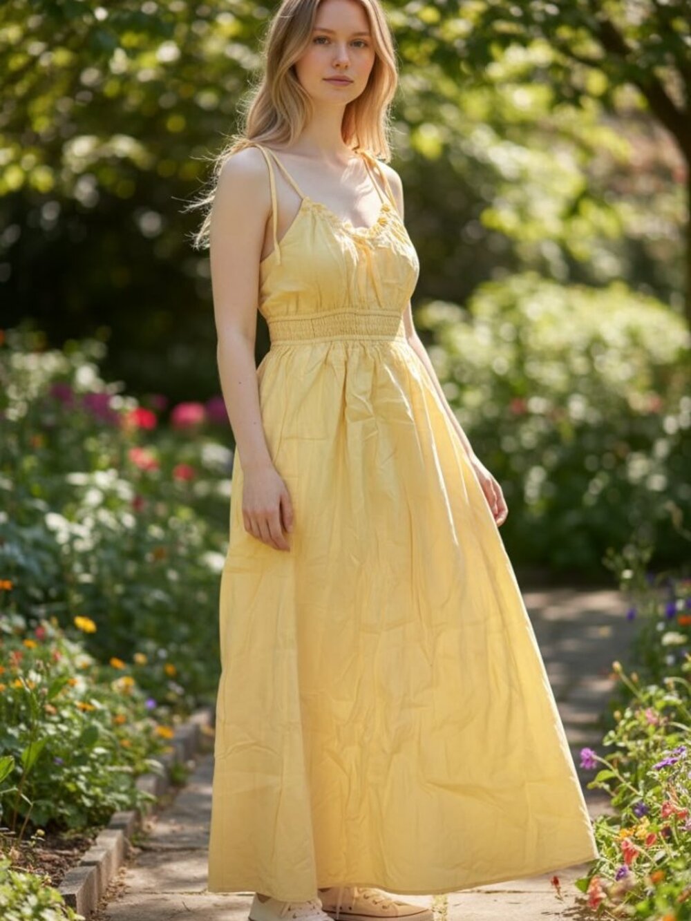 Women's Pastel Yellow Smocked Waist Adjustable Straps Maxi Sundress - Size OS